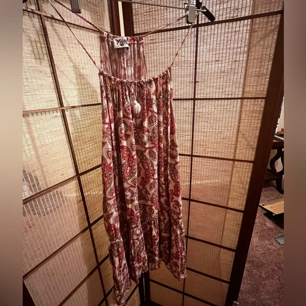 Show me your Mumu  rayon Pom Pom drawstring paisley dress   Red and taupe - Picture 9 of 11